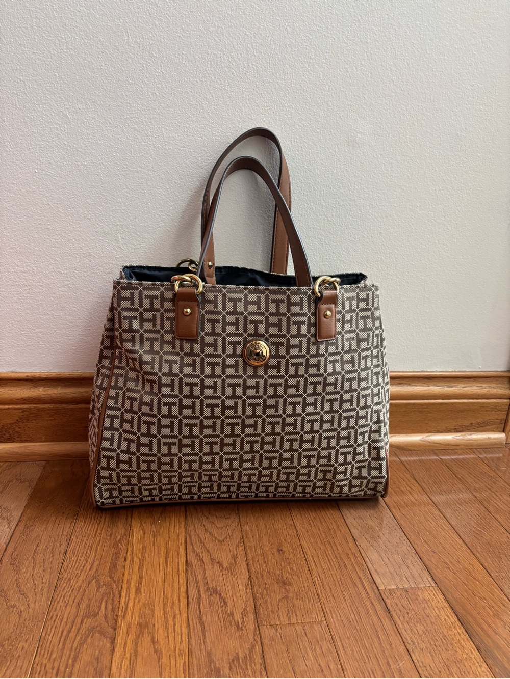 Tommy Hilfiger Classic Tan and Brown Monogram Shoulder Bag with Gold Accents